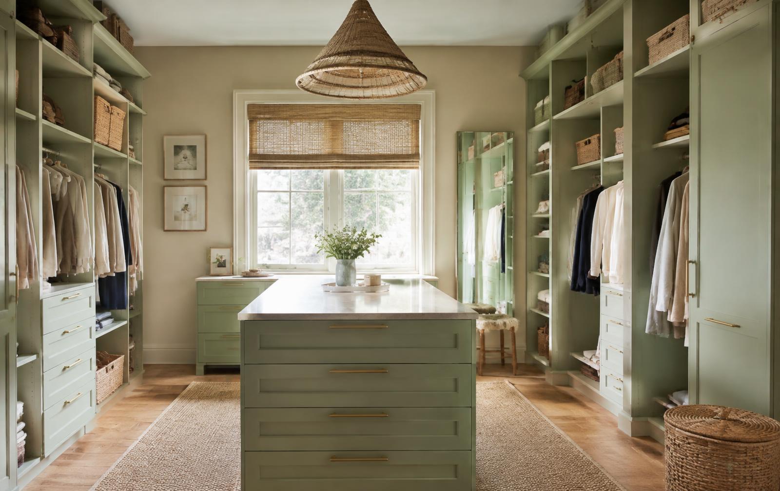 Calm organized walk-in closet with sage cabinetry