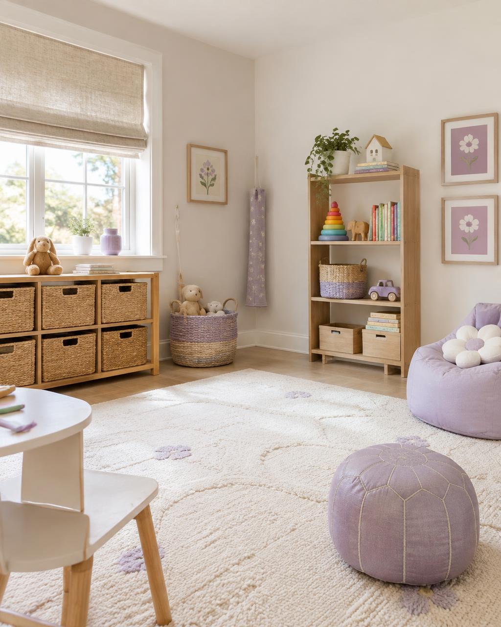 Tidy playroom with woven toy bins